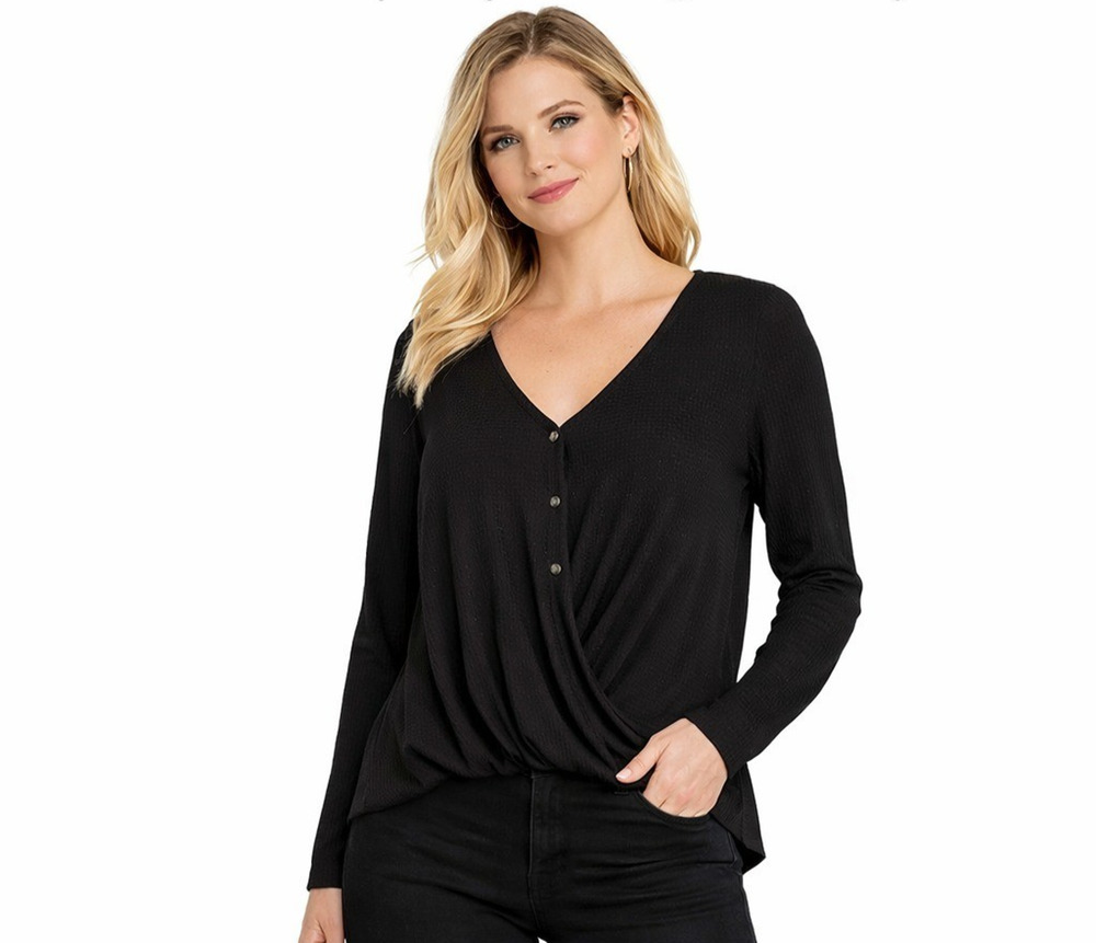 White Willow Women’s Black Waffle Knit Surplice Wrap Top Size XS NWOT